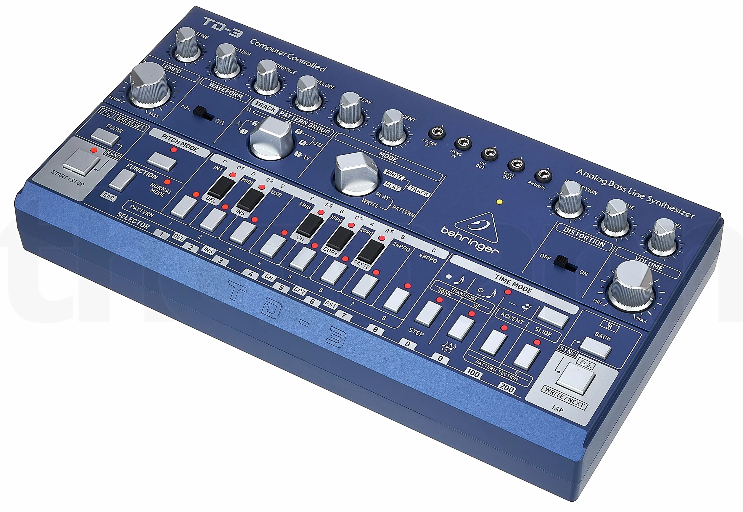 Behringer TD-3-BU Analoger Bass-Line-Synthesizer mit VCO, VCF, 16-Stufen-Sequenzer, Distortion-Effekten und 16-stimmiger Polykette