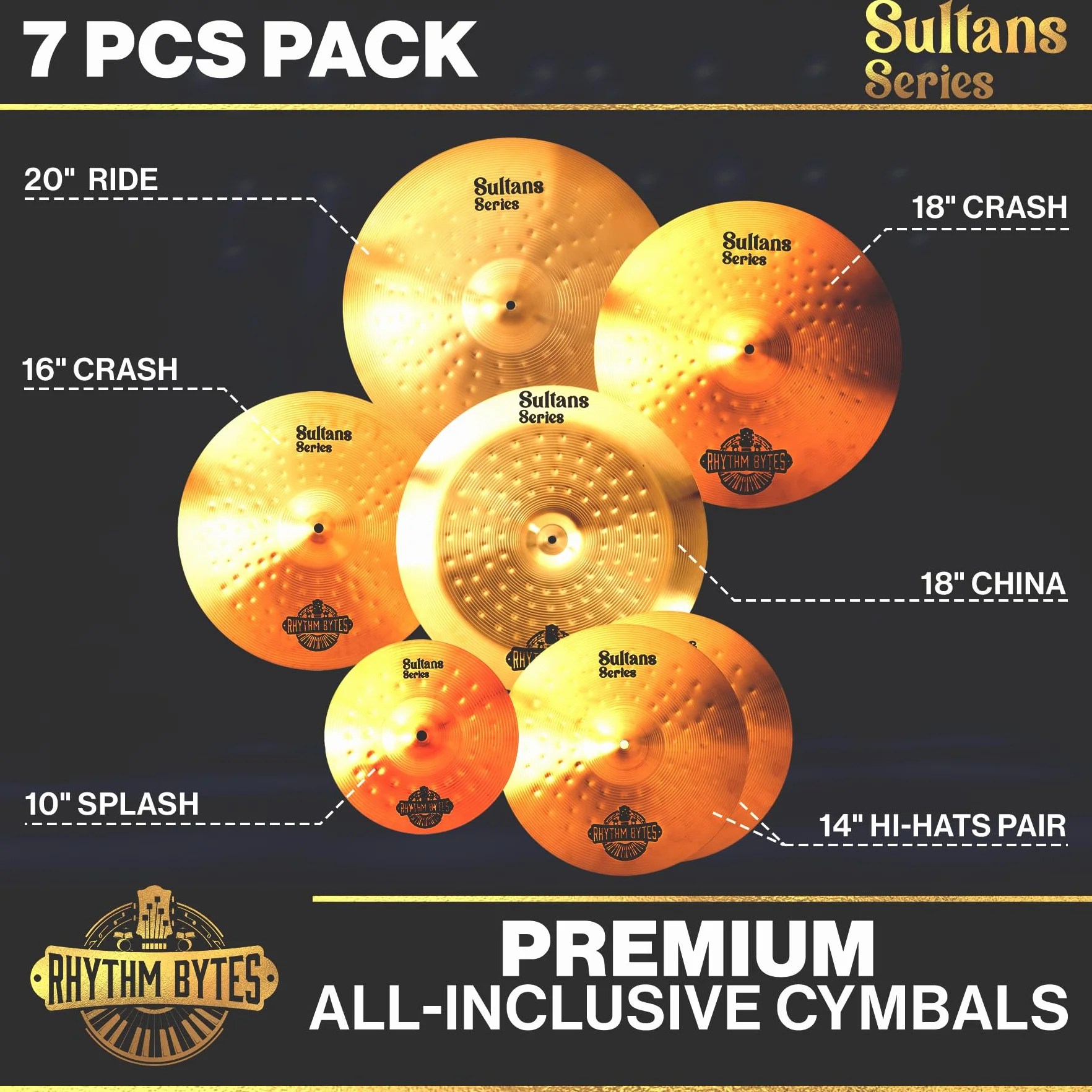 Beckenset Schlagzeug | 7-teiliges Beckenpack beinhaltet 14" HiHat becken, 16" Crash-becken, 18" Crash, 20" Ridebecken, Bonus 10" Splash und 18" China-Becken | Sultans Series Cymbal Pack