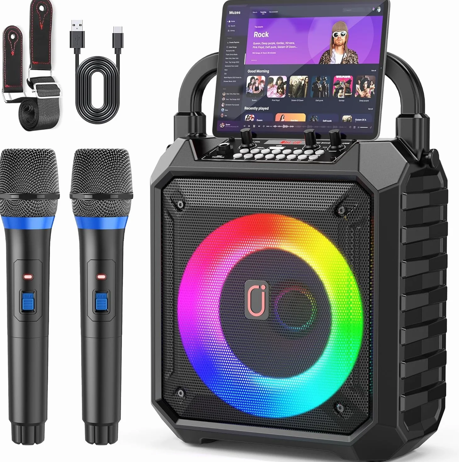 JYX Karaoke Maschine mit 2 kabellosen Mikrofonen, Bluetooth 5.3, 80W Lautsprecher, 6,5-Zoll-Bass, bis 12 Std., LED-Licht, USB/TF/AUX, tragbares Karaoke Set für Kinder und Erwachsene