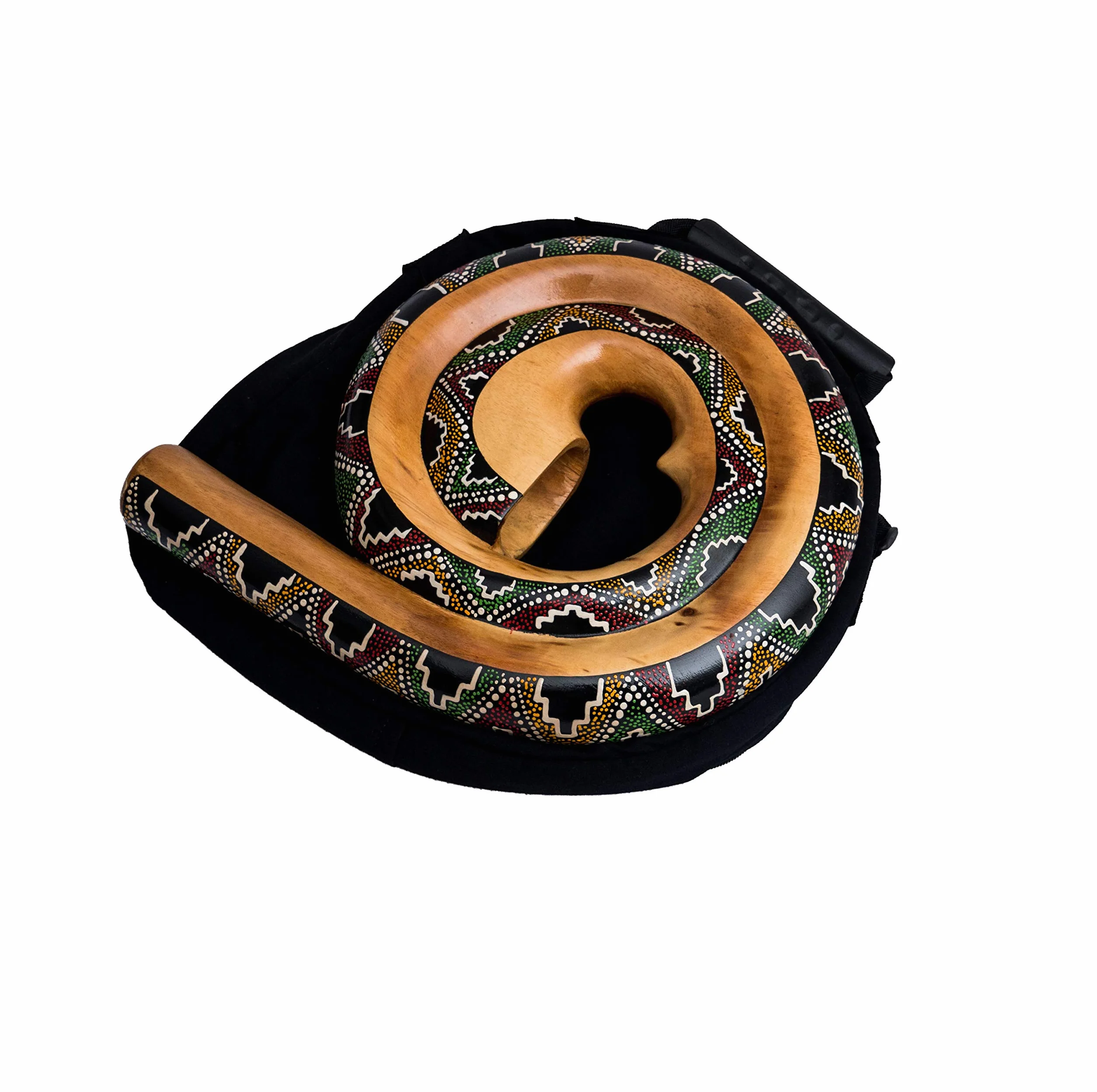 Handgefertigtes Didgeridoo Rundform aus zertifiziertem Suarholz – 28 cm Ø – Dot Painting Handbemalung – poliert & gewachst – inkl. Schutztasche – Naturinstrument aus Bali (D4)