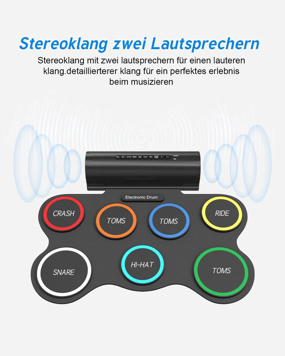 Schlagzeug Elektronisch, 7 Pads Faltbares Elektronisches Schlagzeug mit Drumsticks und Dual Speakers, Farbe Tragrbares Elektrische Drum set für Kinder, Anfänger Geburtstag und Geschenk