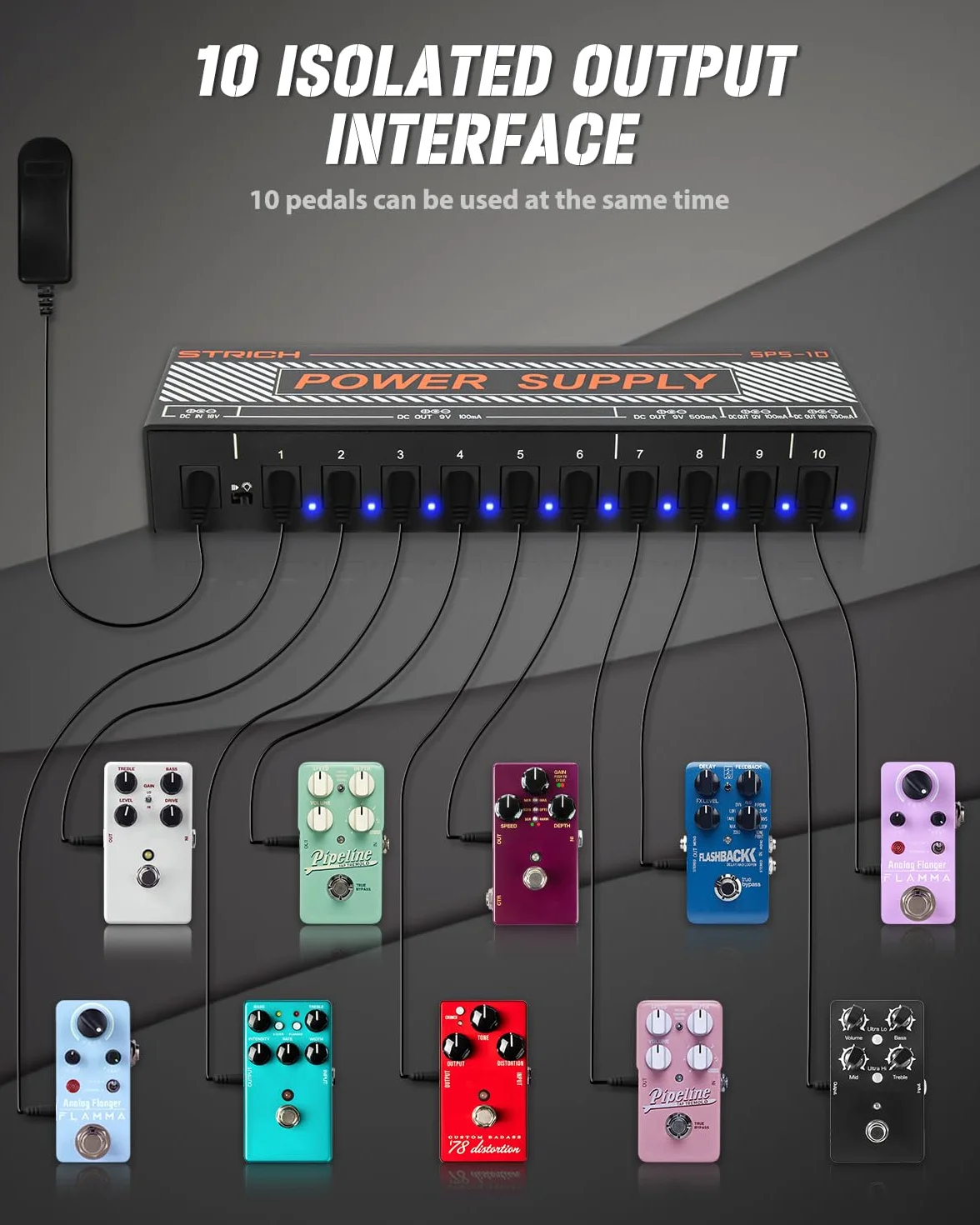 STRICH SPS-10 Gitarrenpedal-Netzteil, 10 Isolierte DC Ausgänge für 9V/12V/18V Gitarre Bass Effektpedale, 100mA 500mA Pedalboard-Netzteil mit Kurzschlussschutz
