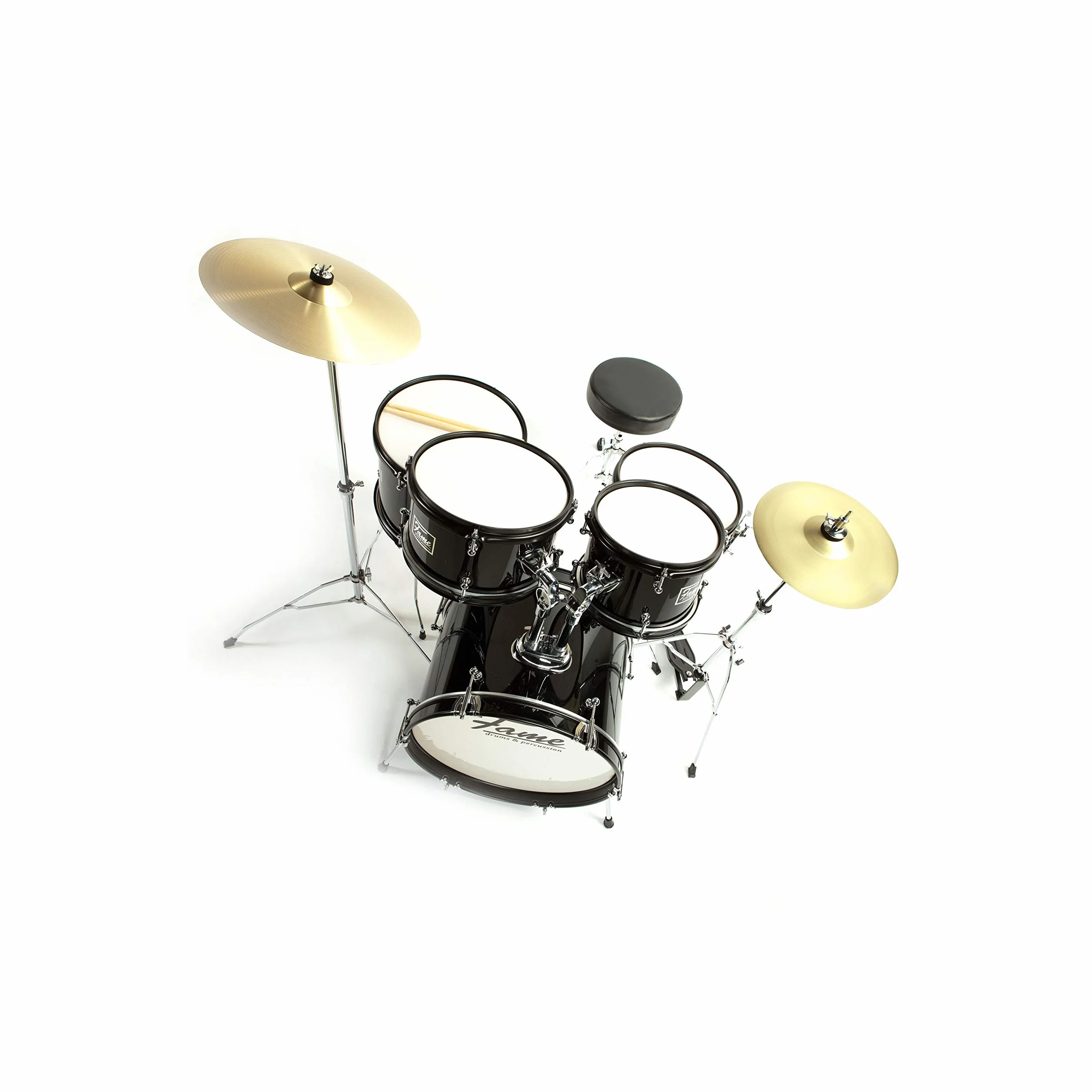 Fame 5 PC Drumset Black, Schlagzeug mit Bass Drum, Tom-Tom, Snare, Hardware und Hocker, inklusive Zubehör und Drumsticks. Perfekt für Einsteiger und Musikliebhaber
