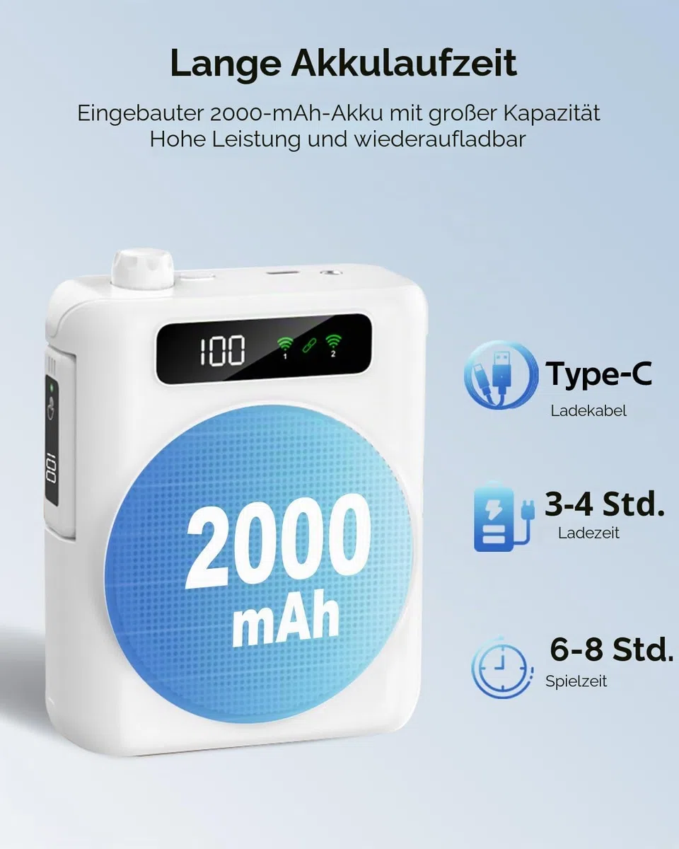 Sprachverstärker mit mikrofon,Sprachverstärker Tragbar mit 2 drahtlosen Lavalier Mikrofons,Kabellos Sprachverstärker Bluetooth, Lautsprecher mit Mikrofon für Lehrer, Reiseleiter, Trainer (weiß‌)
