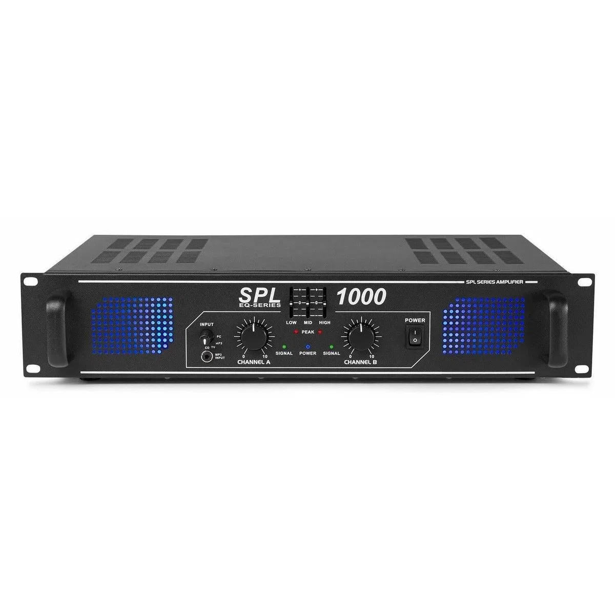 SkyTec SPL1000 PA Verstärker Endstufe 1000 Watt, mit 3-Band-Equalizer, 3 Kanal Input, Chinch, AUX, ideal für DJ Boxen, Clubs, Bars und Gastronomie, Schwarz