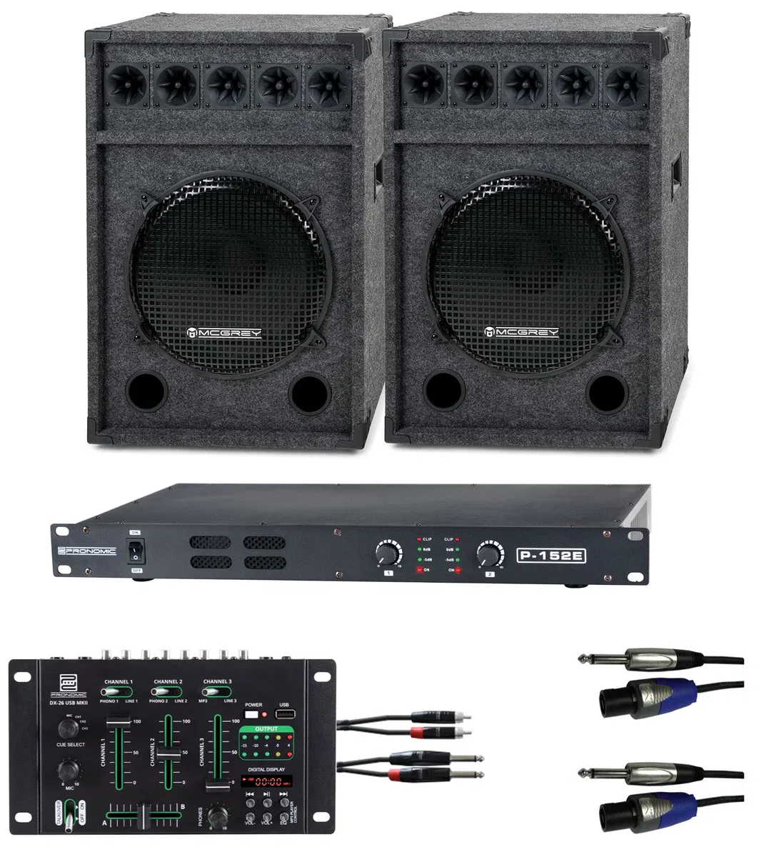 Pronomic DJ-Party Set II Komplettset 2X Festival 15 Box, 1x Mixer, Endstufe, Kabel