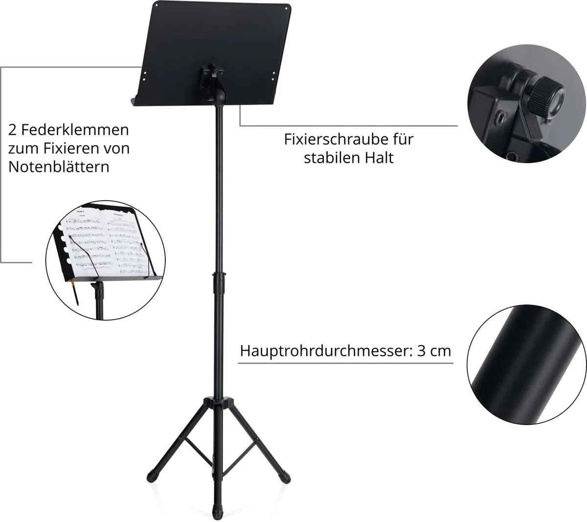 Pronomic OS-01C Orchesterpult (geschlossene Notenauflage, mit Notenklemmen, platzsparend, stufenlos, Prismenverbinder) Schwarz