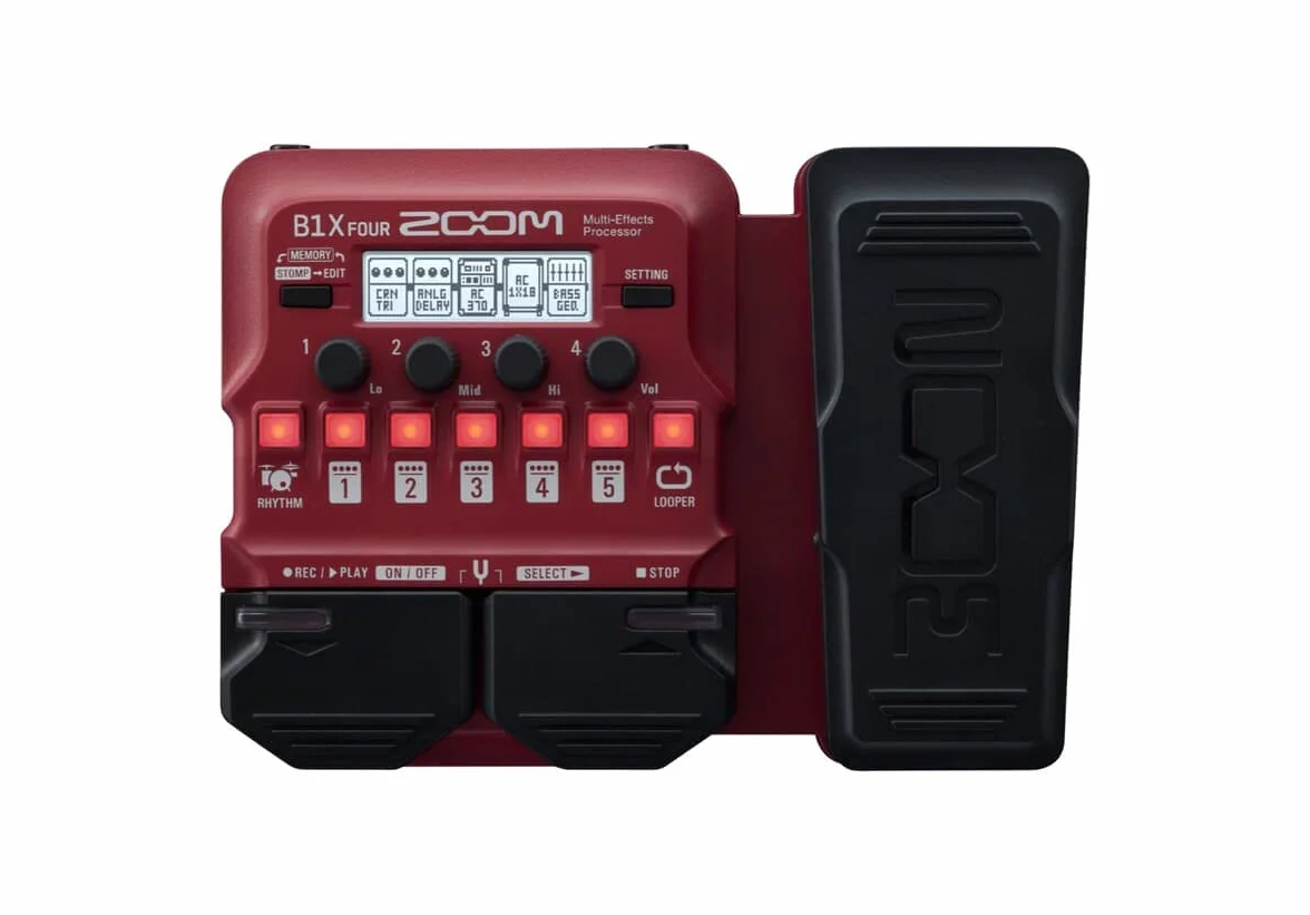 ZOOM B1X FOUR Kompaktes Multi-Effekt Expressionspedal für Bass mit Looper, Drum-Machine, 70 Effekten & Stimmgerät für Live & Recording, Bühne & Studio, rot