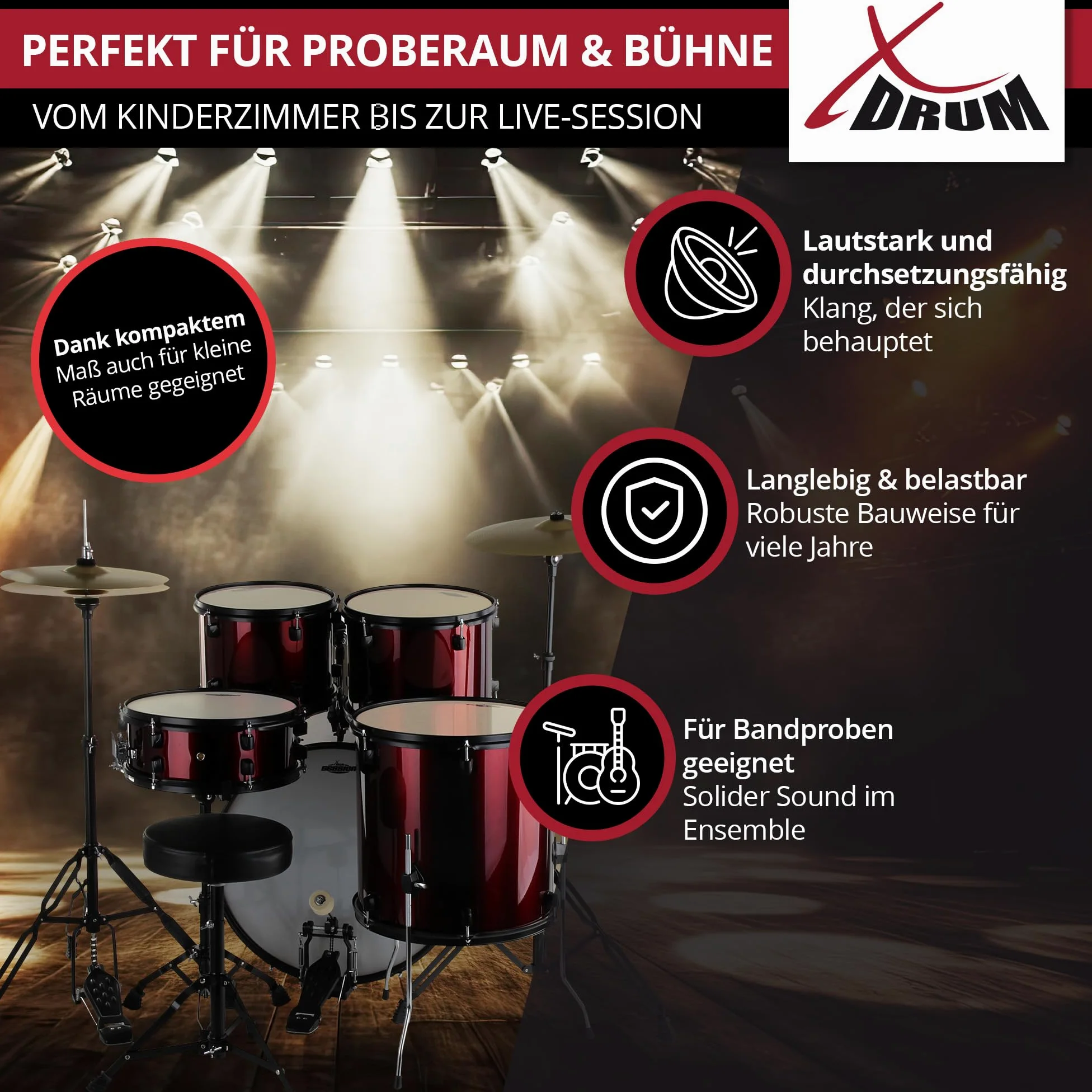 XDrum Rookie Schlagzeug Set Drumset Rot (20" BD, 10", 12", 14" TT, 14" SD, Übungsbecken bestehend aus einem Satz Hi-Hat-Becken 14" und 1 Crash-Ride-Becken 16", inkl. Schule und Schlagzeugdämpferset)