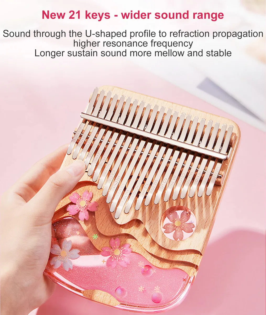 BOTOWI 21 Key Daumenklavier Crystal Kalimba, Transparentes Acryl C-Ton mit Eva-Tasche, 17 Tasten Fingerklavier Musical Geschenk, Aufkleber, Stimmhammer, Reinigungstuch,21keys Sakura