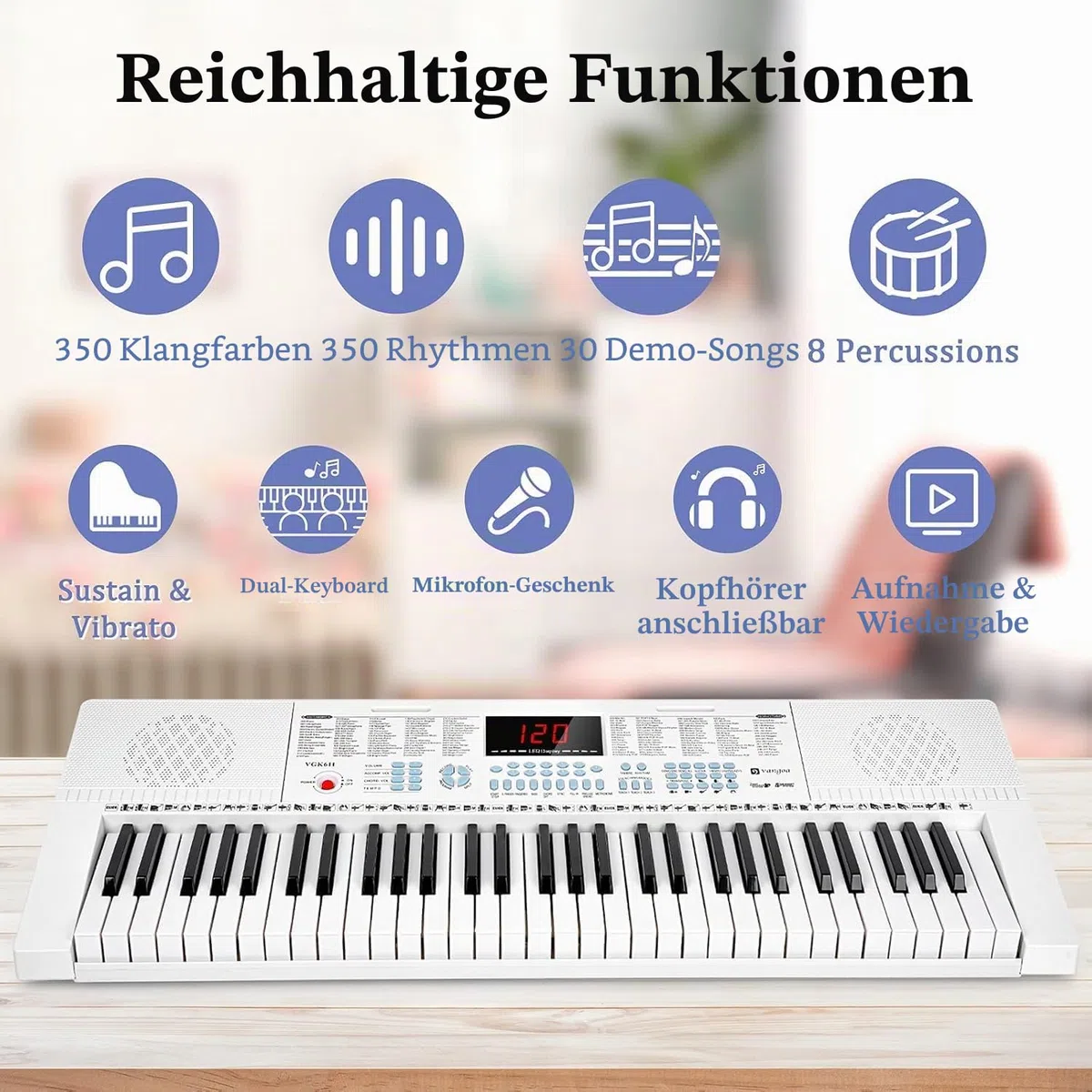 Vangoa Elektronische Klaviertastatur 61 Leuchttasten Tragbare Anfänger Musik-Tastatur Klavier, Notenständer, Mikrofon, 350Klangfarben, 350 Rhythmen, 30 Demos, Weiß