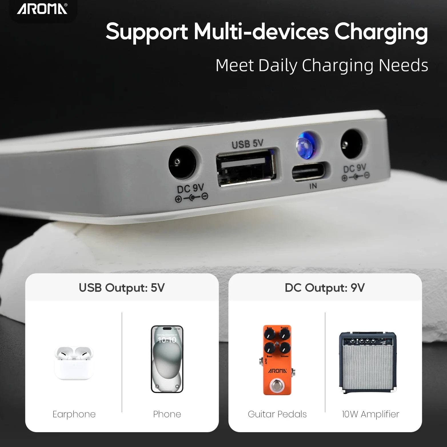 Aroma 9V Wiederaufladbare Gitarren Pedal Powerbank inkl 5 Kabel 10000mAh Gitarre Pedal Netzteil mit Kurzschluss Überstromschutz für Gitarren Effektpedal Andere Musikgeräte