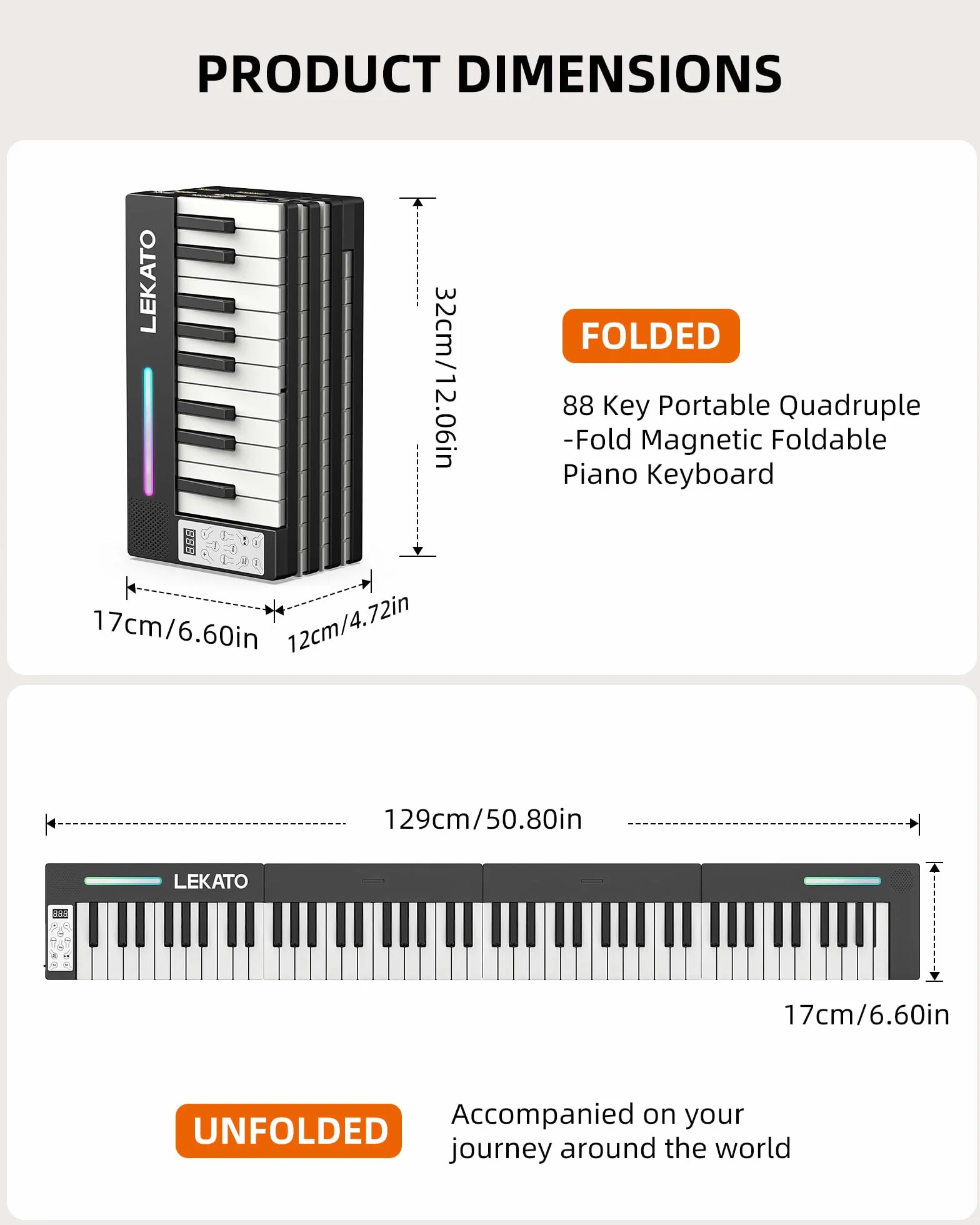 LEKATO Tragbares Piano Keyboard 88 Tasten, Magnetisch Faltbar E-Piano, 128 Sounds 128 Rhythmen Bluetooth MIDI Split Aufnahme, für Anfänger Reise Home