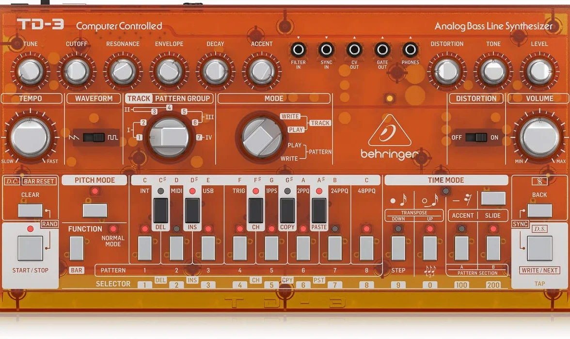 Behringer TD-3-TG Analog Bass Line Synthesizer mit VCO, VCF, 16-Stufen-Sequenzer, Distortionseffekte und 16-Sprachen-Polykette, kompatibel mit PC und Mac