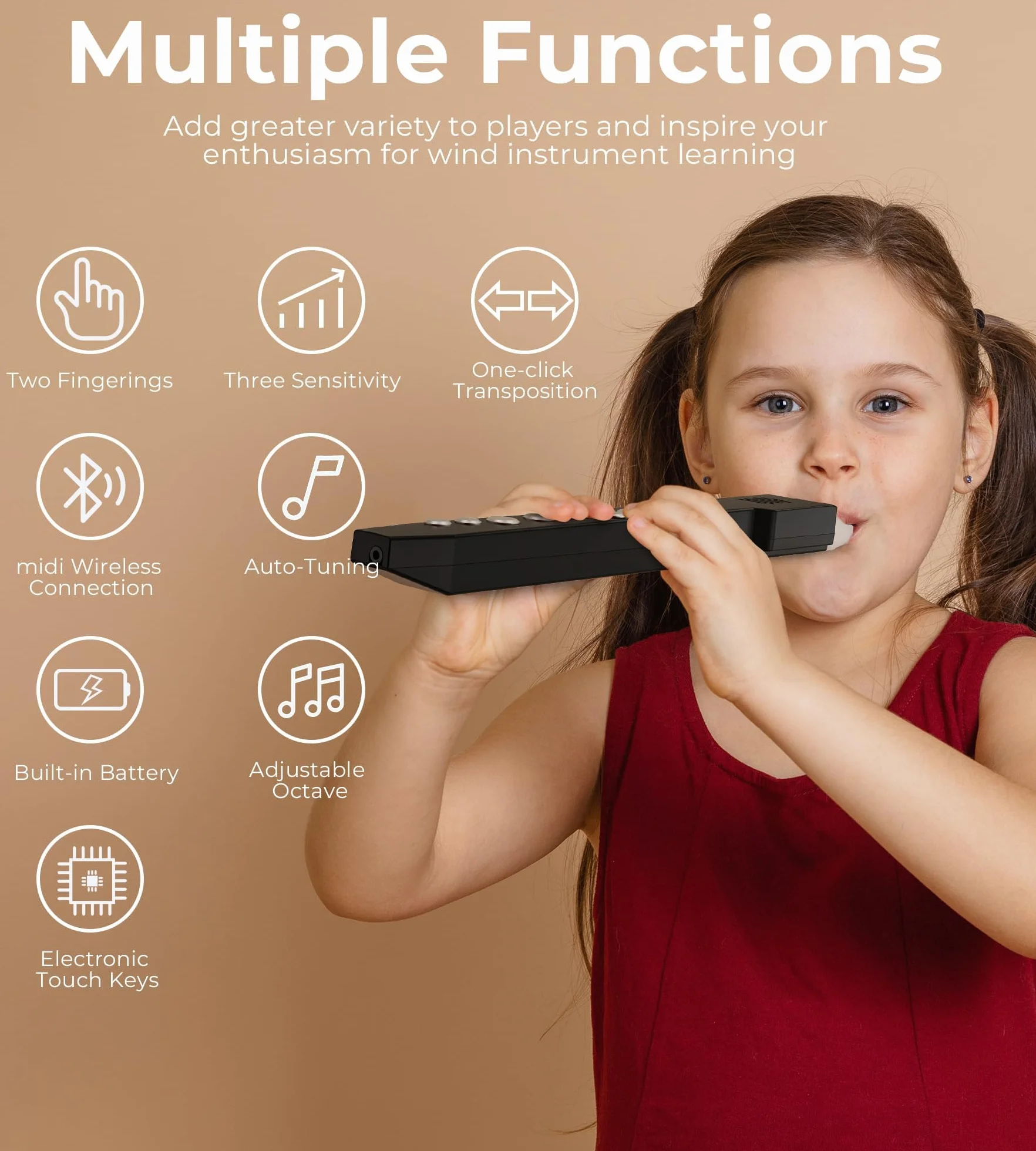 Vangoa EWI-100 Tragbares Mini-Digital-Elektronisches Blasinstrument, Synthesizer, wiederaufladbar mit abnehmbarem Mundstück, für Kinder, Erwachsene, Anfänger