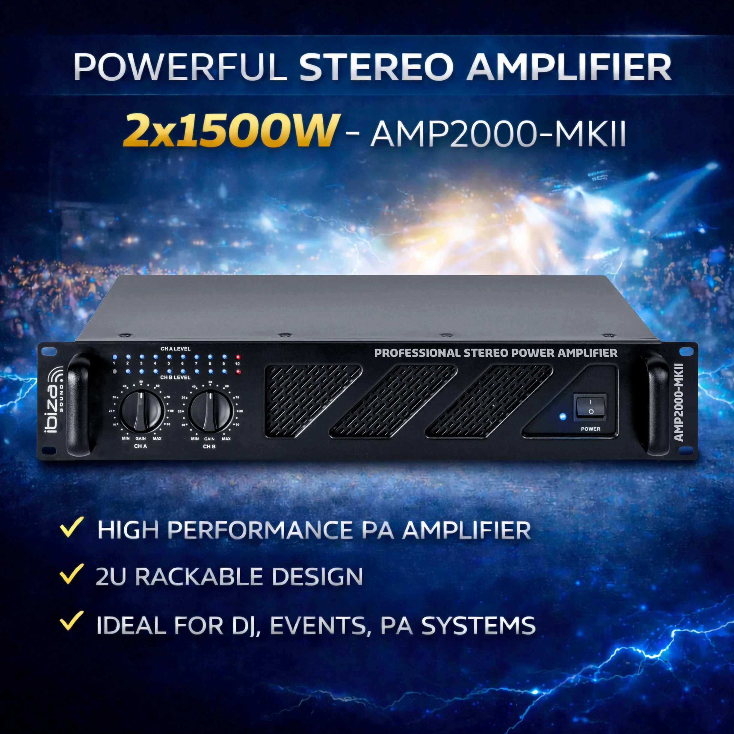 Ibiza AMP2000-MKII Professioneller PA-Verstärker 2x1500 W – 19-Zoll-Rack-montierbarer Stereo-Leistungsverstärker mit XLR-/Klinkeneingängen, Speakon-/Klemmenblock-Ausgängen und elektronischem Schutz
