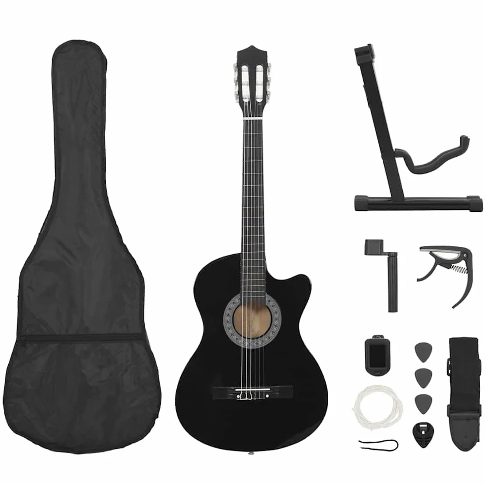 vidaXL 12-tlg Westerngitarre Set 38" Schwarz Akustische Gitarre 6 Saiten