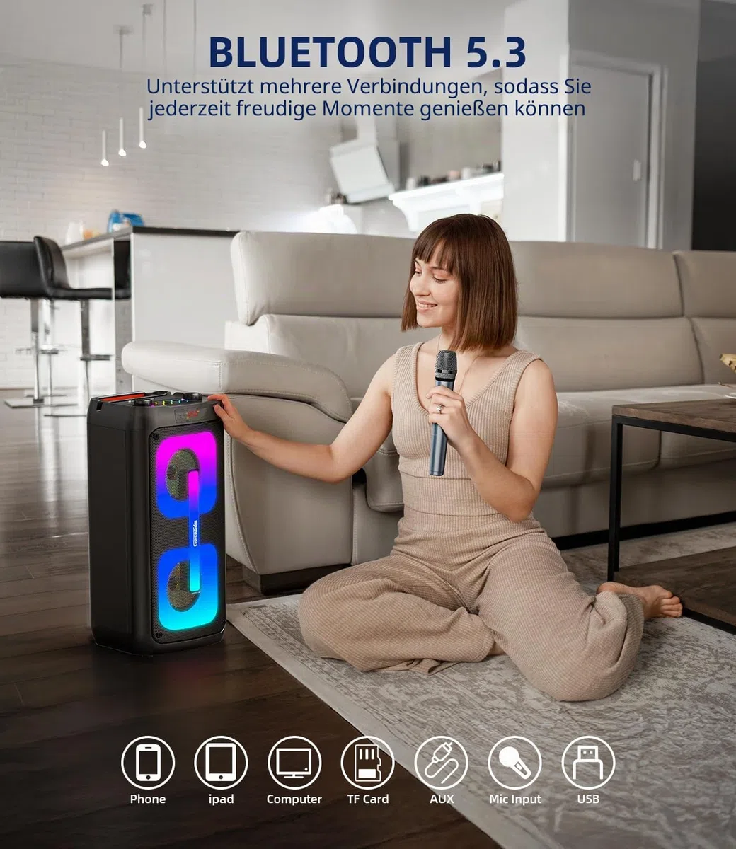 Karaoke Maschine mit 2 Mikrofonen, tragbare Bluetooth Karaoke Anlage mit LED Lichtern, PA System, ideal für Home Partys und als Geschenk für Erwachsene und Kinder