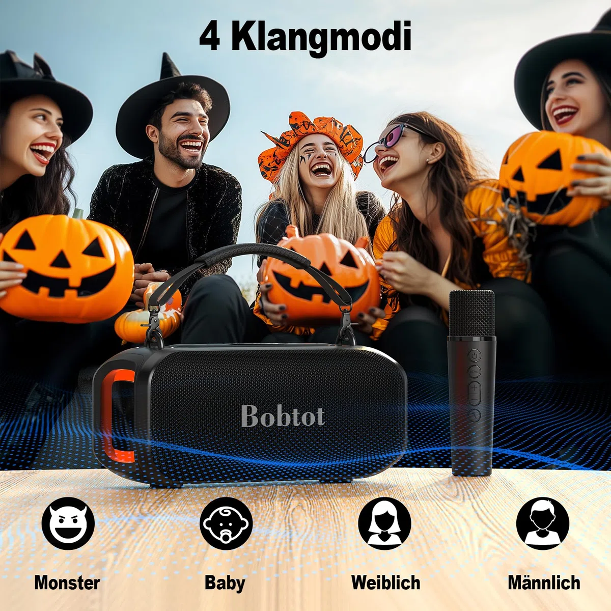 Tragbarer Karaoke-Lautsprecher für Erwachsene, kompakte Gesangsmaschine mit kabellosem Mikrofon, Bluetooth-Lautsprecher mit sattem Bass, magischem Klang und LED-Beleuchtung