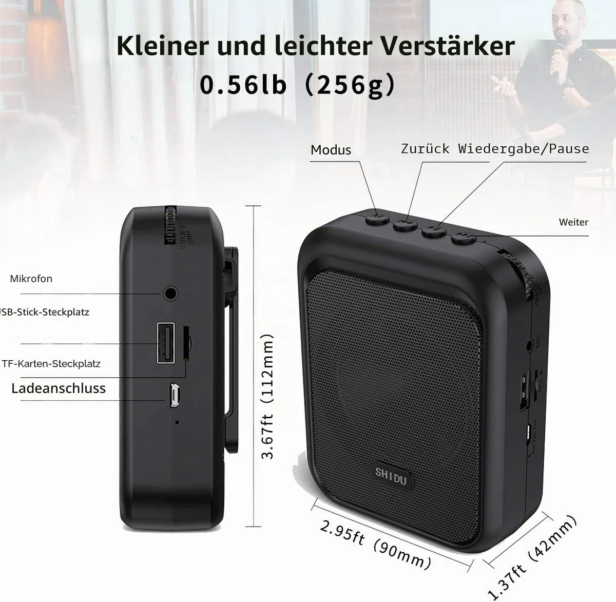 SHIDU Sprachverstärker Tragbarer wiederaufladbarer Bluetooth-Lautsprecher mit kabelgebundenem Mikrofon-Headset 10W 1800mAh PA-System Unterstützt Audio im MP3-Format für Lehrer, Taxifahrer, Reiseleiter
