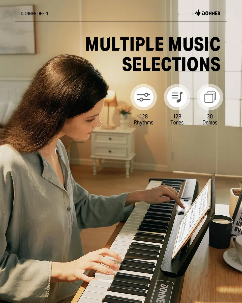 Donner DEP-1 Piano Keyboard 88 Tasten, Anfänger Digital Keyboard Piano Geschwindigkeitsempfindliche Tasten, Tragbares E-Piano mit Ständer, Sustain Pedal, Tragetasche und Keyboard-Aufklebern