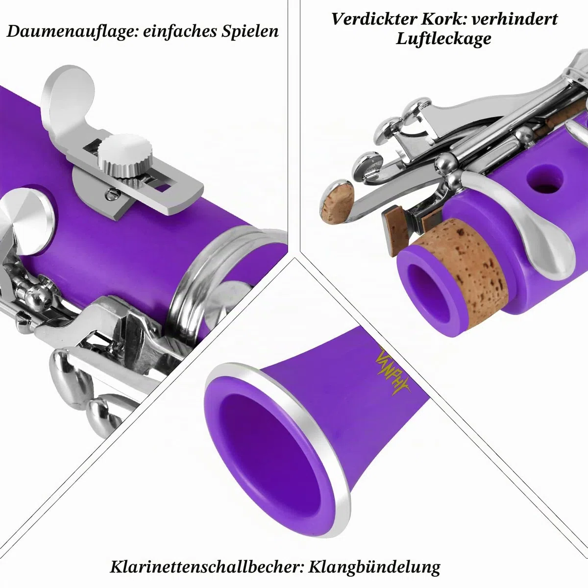 Bb-Klarinette für Anfänger und Studenten - Flache B-Klarinette mit 17 Schlüsseln, Stützgurt, 2 Fässern, 8 Mundstücken, Stoßdämpfer und weißen Handschuhen (Lila)