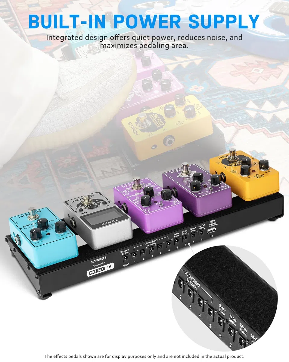 STRICH Gitarre Pedalboard mit integriertem Netzteil, kleines Pedalbrett 15 x 5,1" 1,3 LB leichtes Aluminiumlegierung, Tasche, Klettstreifen PB-M15