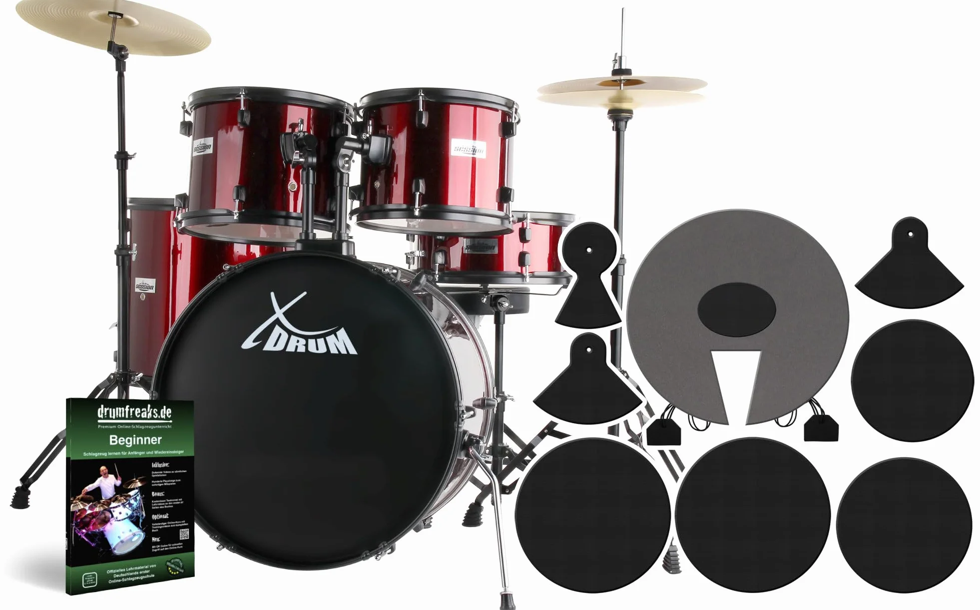 XDrum Rookie Schlagzeug Set Drumset Rot (20" BD, 10", 12", 14" TT, 14" SD, Übungsbecken bestehend aus einem Satz Hi-Hat-Becken 14" und 1 Crash-Ride-Becken 16", inkl. Schule und Schlagzeugdämpferset)
