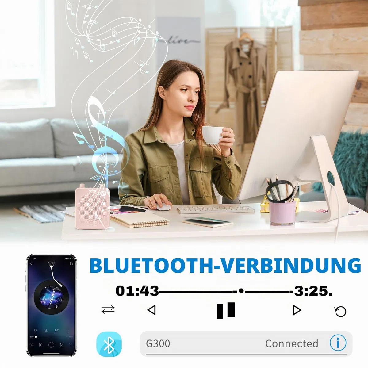 Sprachverstärker tragbar mit 7.4V/2800mAh Lithium Batterie und mikrofon Headset,Wiederaufladbares Mini Stimmverstärker für Trainer Lehrer Reiseführer Tagungen (Roségold)