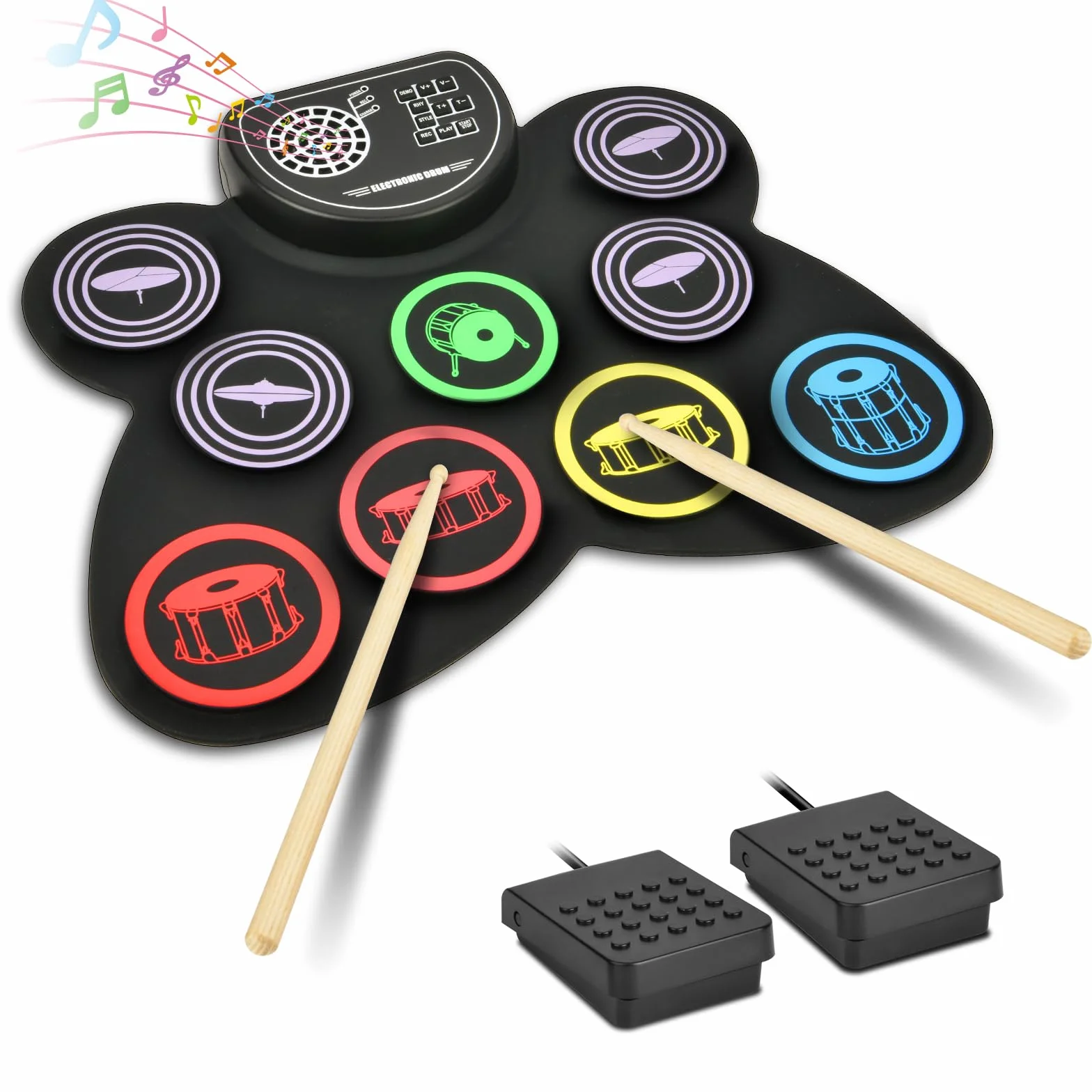 OFFCUP Elektrisches Schlagzeug, Roll Up Drum Kit mit 9 Drum Pads, Faltbares elektronisches schlagzeug mit 3.5mm Kopfhöreranschluss, Lautsprecher, Holzstäbe und Pedale mit Anfänger und Kinder