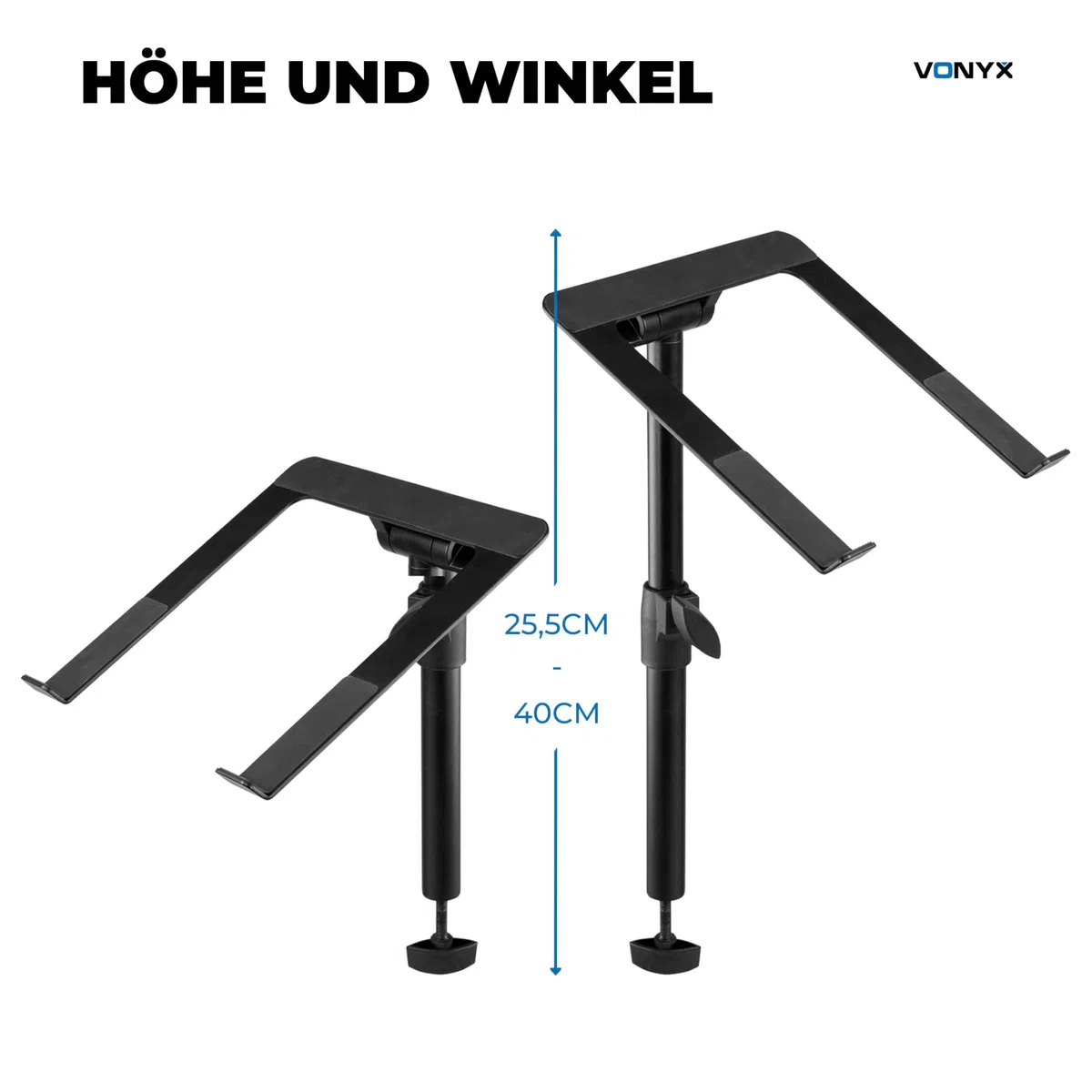 Vonyx DBLH1 Laptop Halterung für DJ Booth & Tisch – Höhenverstellbarer Laptop Arm & Ständer neigbar – Stabiler Laptophalter aus Metall für Controller & Notebooks – Klappbar, Bis 8kg Traglast, Schwarz