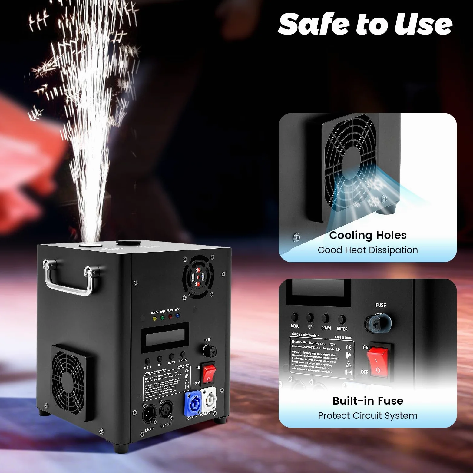 Professionelle Funkenmaschine mit DMX & Fernbedienung - 700W Kalte Funken (Cold Spark) für Bühne, Hochzeit & Party, Sicherer Pyrotechnik-Ersatz