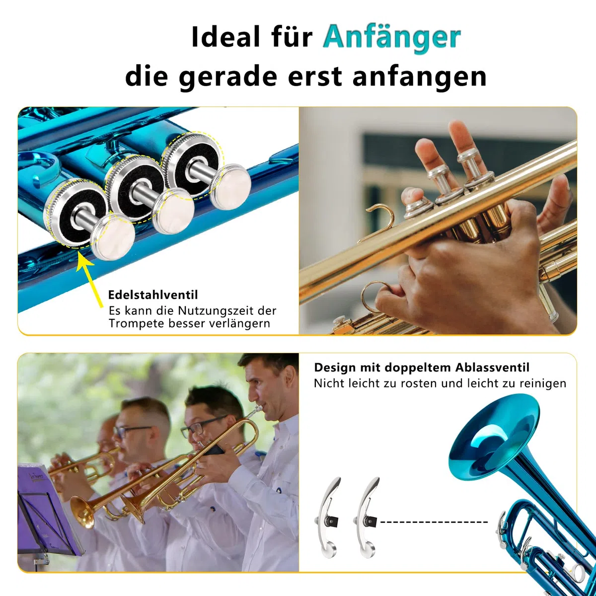 EASTROCK Trompete BB Standard Trompete Kit mit Tragetasche, Handschuhe, 7C Trompete Mundstück,Tuning Rod, Trompeten für Anfänger und Schüler(Lake Blue)