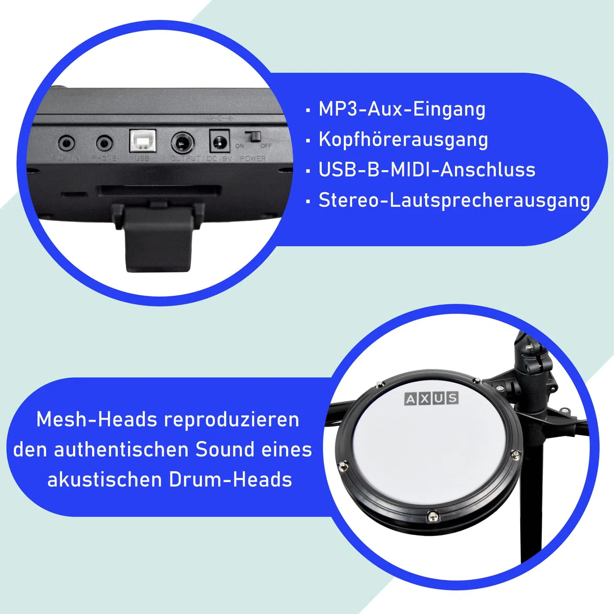 Axus AXK4 Elektronisches Schlagzeug-Starter-Set für Anfänger mit leisen Mesh-Schlagzeug-Pads, Sticks, Hocker und Kopfhörer