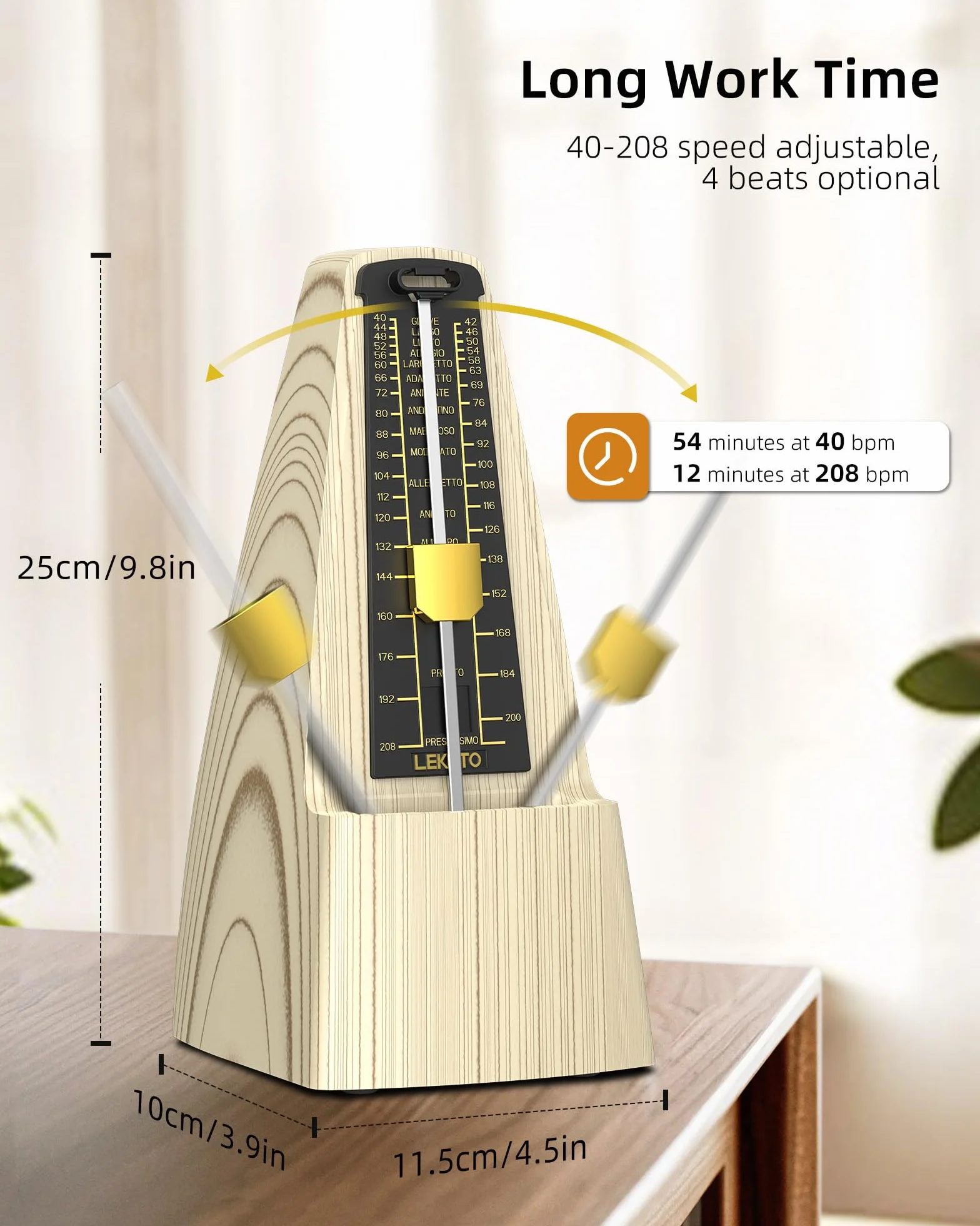 LEKATO Mechanisches Metronom | Verbesserte Version mit metallenes Getriebe | Universales Metronom mit betonter Glocke für Klavier Gitarre Ukulele Violine und Chromatik - lauter Klang, hohe Genauigkeit