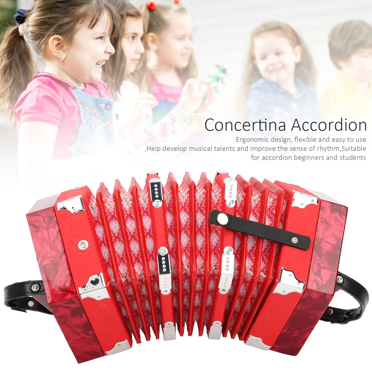 Mxzzand Akkordeon Concertina Instrument mit verstellbarer Handschlaufe für den Außenbereich und für Musik (red)