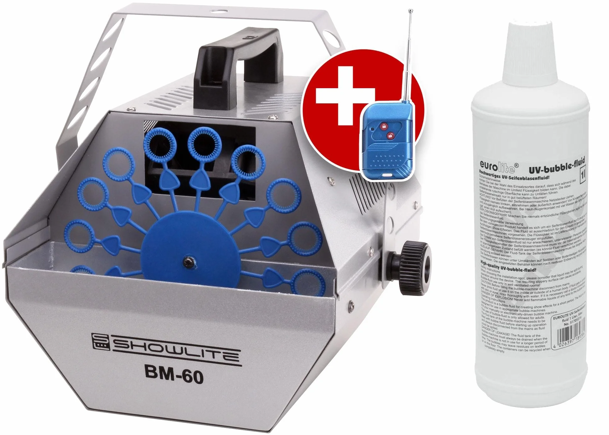 Showlite BM-60 Seifenblasenmaschine 60W mit Funk Fernbedienung und 1L Eurolite UV-Fluid blau (0,6l Tank, 2-3 Stunden Laufzeit bei vollem Tank, Party Effekt, Disco Bubbles)