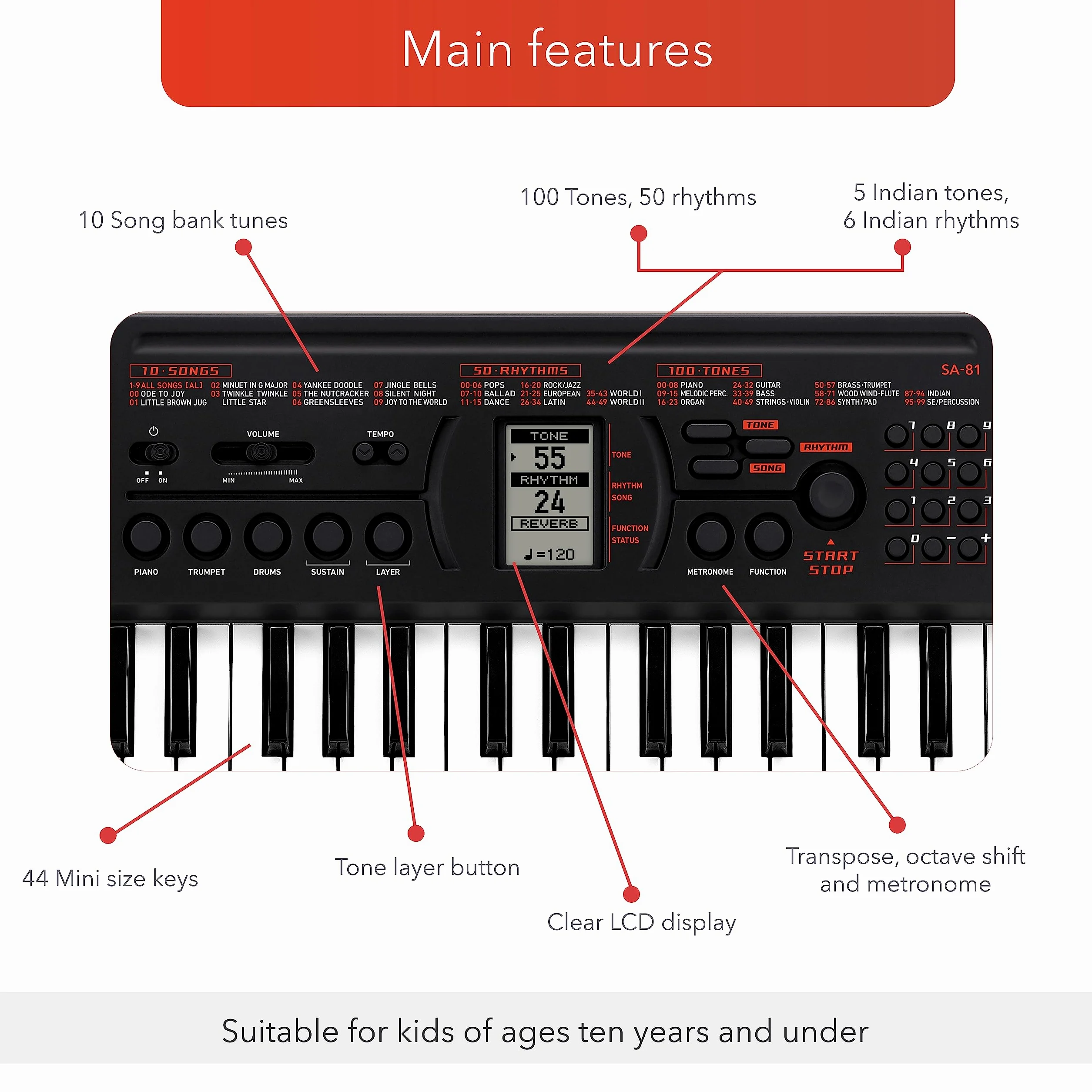 Casio SA-81 Mini-Keyboard mit 44 Mini-Tasten, schwarz