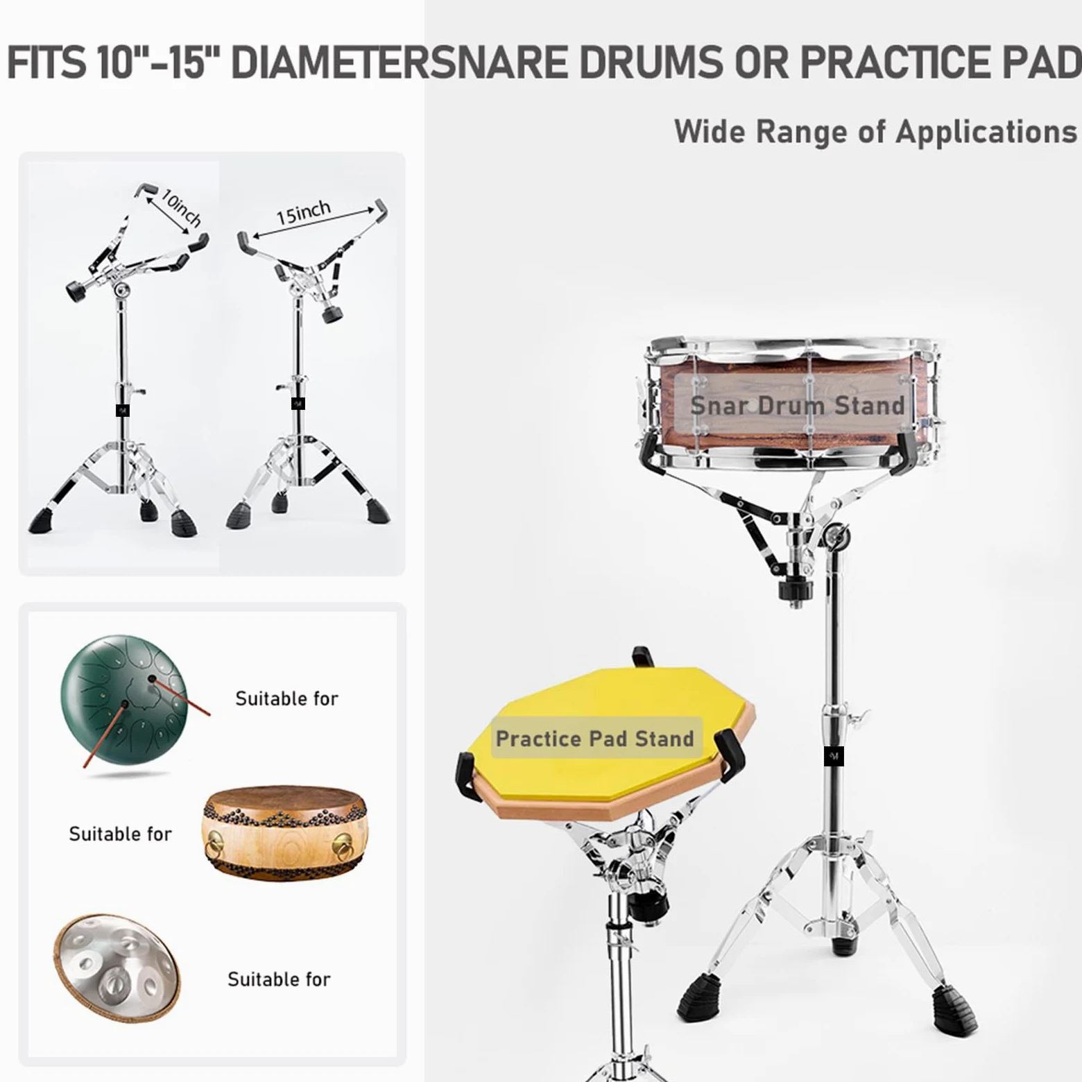 Snare Ständer mit Drum-Stick-Halter, Doppelt Verstrebt, Einstellbare Erweiterte Höhe von 29,5 bis 47 Zoll, Drum-Pad-Ständer für 10-15 Zoll Snare-Drum und Übungspad (V-EJGJ001)