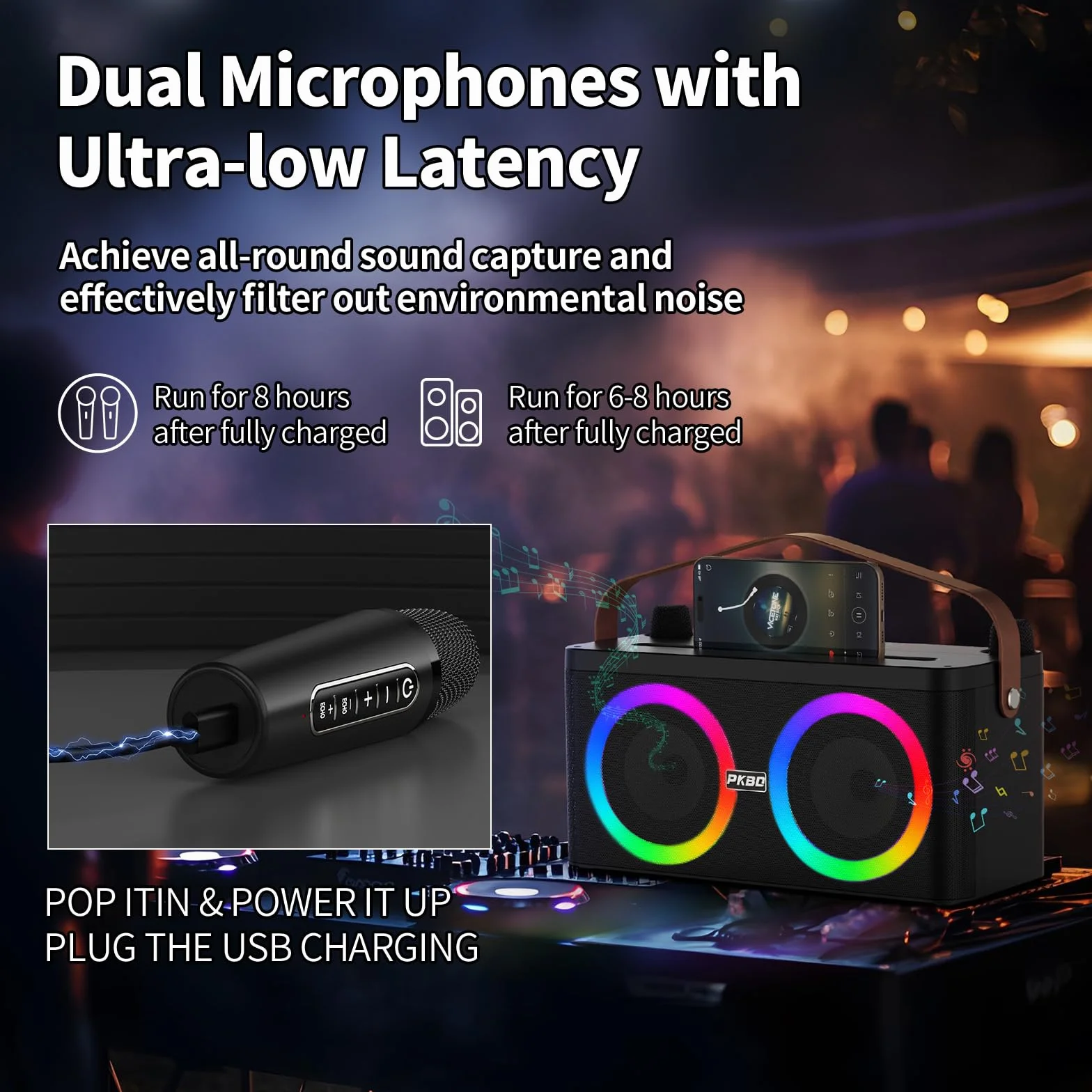 PKBD Karaoke Maschine mit Telefon-/Pad-Halterung, Tragbarer Bluetooth-Lautsprecher mit 2 kabellosen Mikrofonen/LED-Leuchten/PA-System, Unterstützt Mikrofonplatzierung für Heimpartys, Outdoor/Indoor