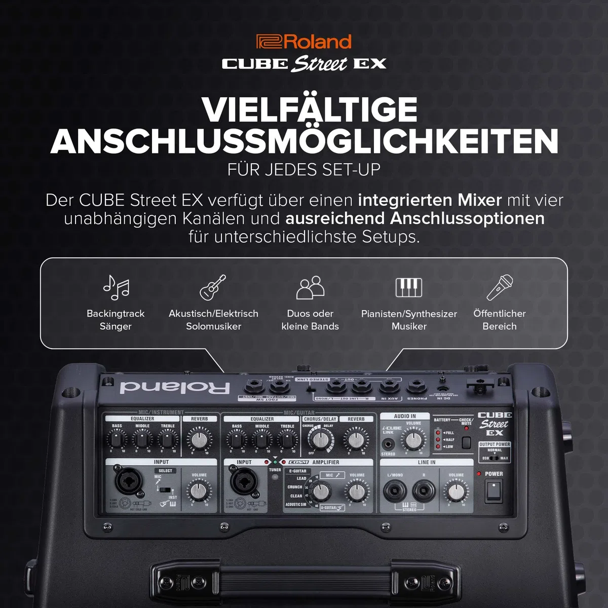 Roland Cube Street EX | Batteriebetriebener 50W Stereoverstärker | Transparenter, dynamischer Sound | Ideal für Outdoor-Performances | Anschluss von Mikrofonen, Instrumenten & Audiogeräten