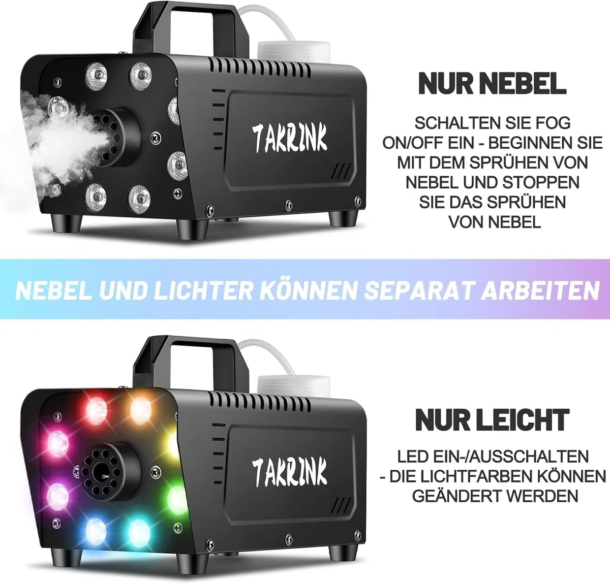 TAKRINK Nebelmaschine Rauchmaschine 900W Nebelmaschine 16 Farben RGB Lichteffekt Mini Nebelmaschine mit Fernbedienung für DJ Disco Party, Hochzeit, Halloween, Weihnachten