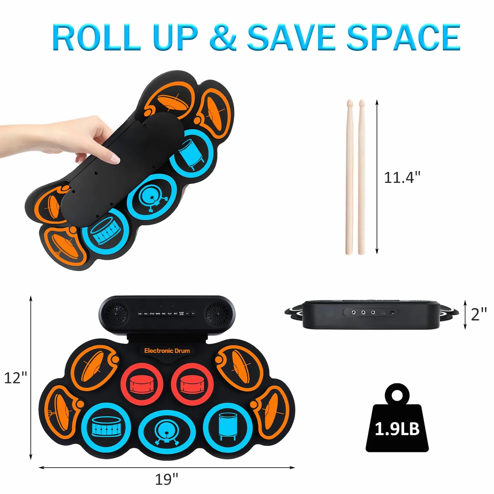 Schlagzeug Elektronisch, 9 Pads Rolling Electric Drum Pad Kits Machine Mit KopfhöReranschluss, 10 Stunden Spielzeit, 2 Eingebaute Lautsprecher (Bunt)