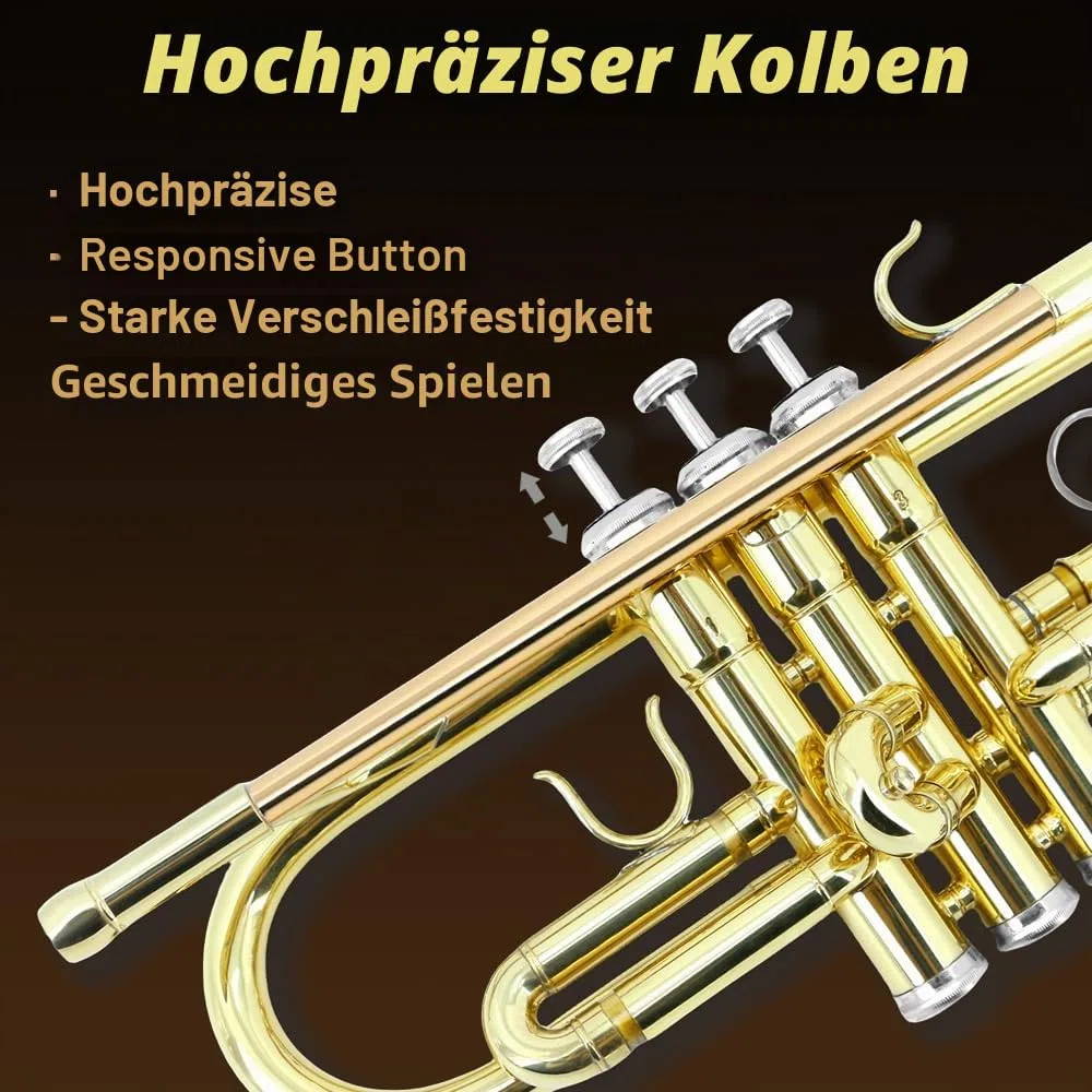 Standard Bb Trompete Set für Anfänger, Studenten Trompete, Messing Trompeteninstrument, B Flach, mit 7C Mundstück, Reinigungstuch, Handschuhen und Hartschalenkoffer (Golden)