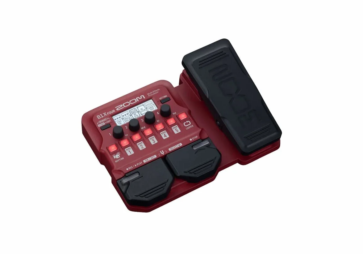 ZOOM B1X FOUR Kompaktes Multi-Effekt Expressionspedal für Bass mit Looper, Drum-Machine, 70 Effekten & Stimmgerät für Live & Recording, Bühne & Studio, rot