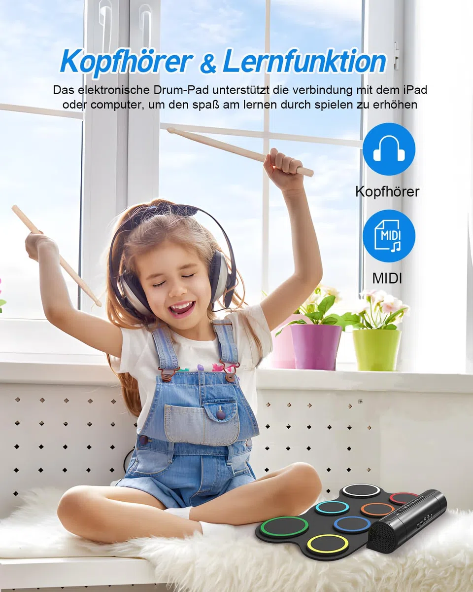 Schlagzeug Elektronisch, 7 Pads Faltbares Elektronisches Schlagzeug mit Drumsticks und Dual Speakers, Farbe Tragrbares Elektrische Drum set für Kinder, Anfänger Geburtstag und Geschenk