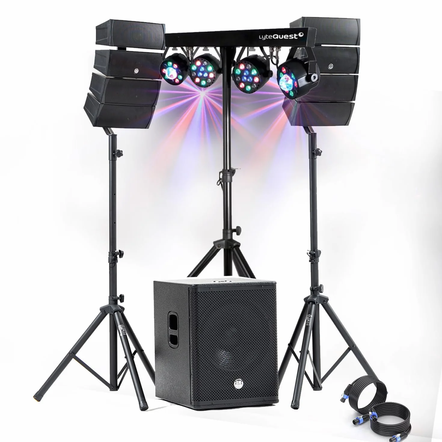 DJ-Sono-Set 1.200 W Komplett BM Bmsonic BMS-15-ARRAY-BT Lautsprecher + SUB 38 cm USB/Bluetooth, Kabel, LED-Bar-Beleuchtung für Festsäle