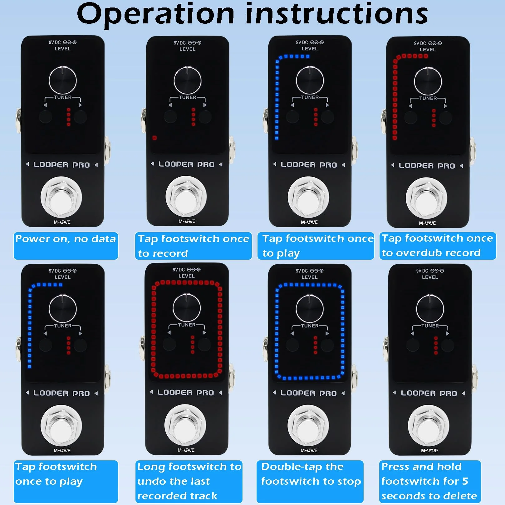 M-VAVE Loop Pedal Pro - 40 Minuten Looping Time 9 Loops Professional Guitar Looper Pedal mit Tuner für E-Gitarre One-Step Looping Unlimited Overdubs Undo Redo