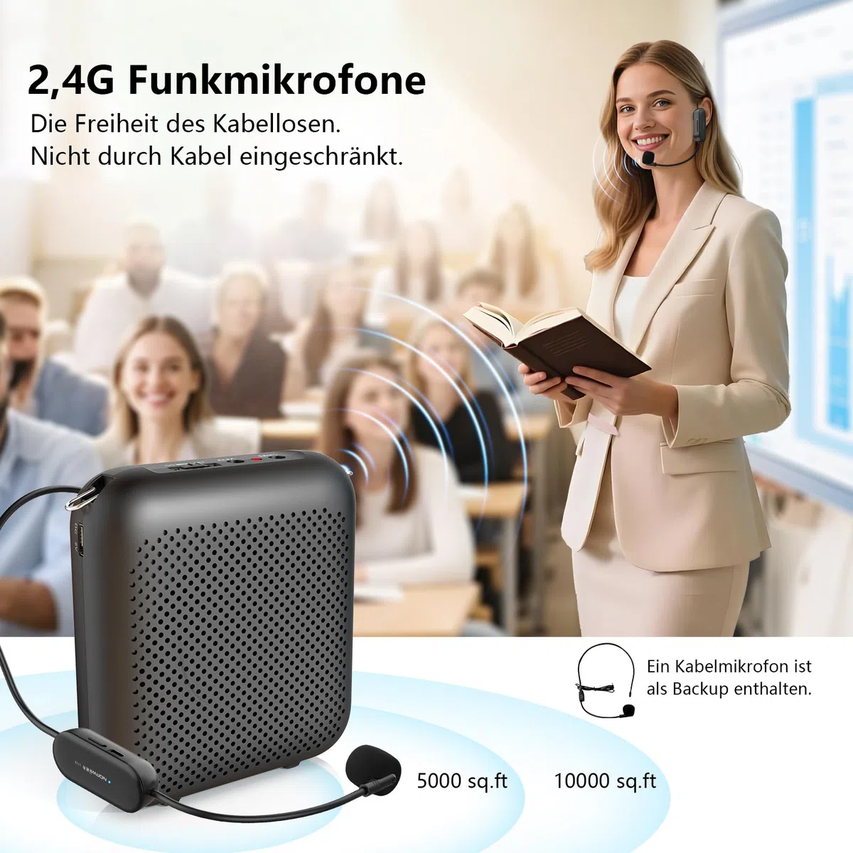 Norwii Kabelloser Sprachverstärker für Lehrer, Tragbarer Bluetooth Lautsprecher mit 2 Headsets, Mini Megafon PA-Endstufen für den Unterricht, Reiseleiter & Reden, 15W Leistung, 5200mAh Akku