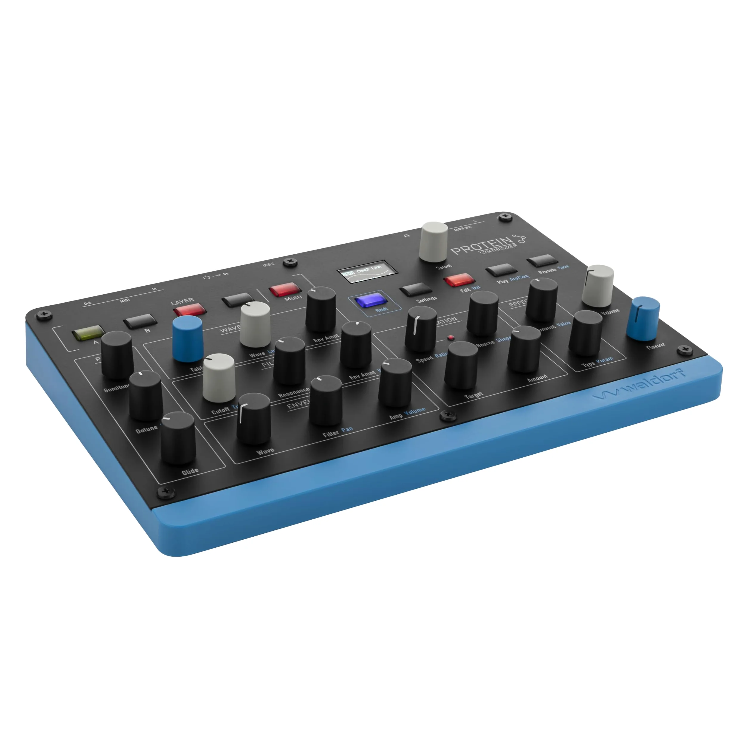 Waldorf Protein – 8-stimmiger Wavetable-Synth mit Microwave-ASIC-Oszillatoren, 4 Layer, Arpeggiator, Step-Sequencer, MPE, 2 Effektslots, USB-MIDI, kompakt & leicht